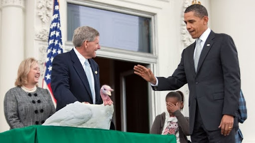 Former President Barack Obama pardoning a Thanksgiving turkey, the staple food of that holiday //Photo via Wikimedia Commons