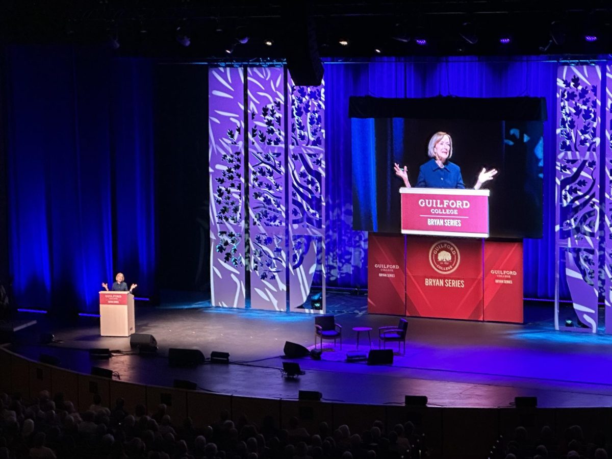 Longtime journalist Judy Woodruff addresses a Tanger Center audience April 9 as closing speaker for Guilfords 2023-24 Bryan Series.