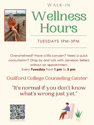 A flyer advertises Wellness Walk-ins offered through Guilford College’s Counseling Center.